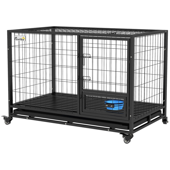 Heavy Duty 48-Inch Dog Crate with Wheels - Large and Extra-Large Double Door Pet Kennel with Bowl Holder and Removable Tray - Easy Transport and Cleaning for Big Breeds