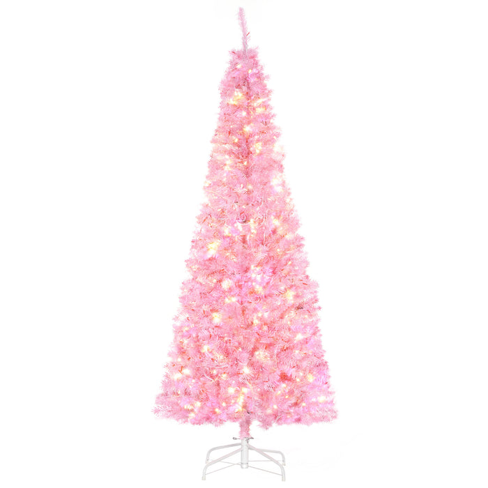 Pencil Slim 6-Ft Artificial Christmas Tree with Realistic Tips - Pre-Lit with 300 Warm White LEDs, 618 Branch Tips - Chic Pink Xmas Decor for Small Spaces