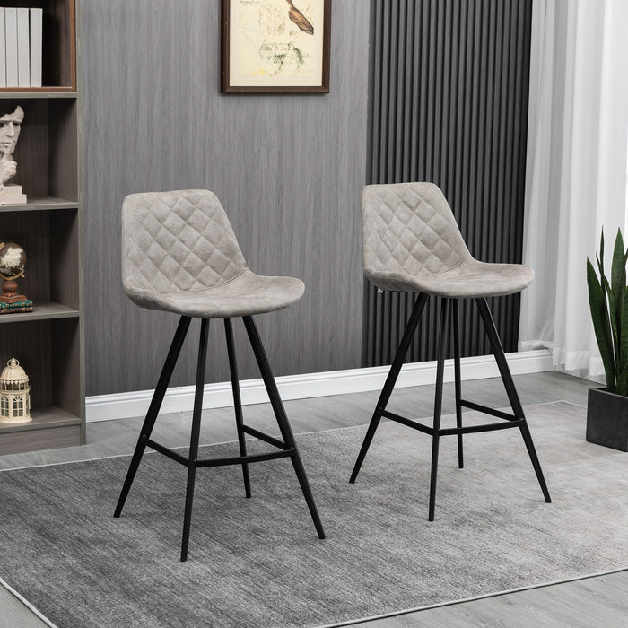 Vintage Microfiber Bar Stools, Set of 2 - Padded Tub Seats with Quilted Design and Steel Frame, with Footrest - Ideal for Home Bar, Cafe, or Kitchen Seating in Stylish Grey