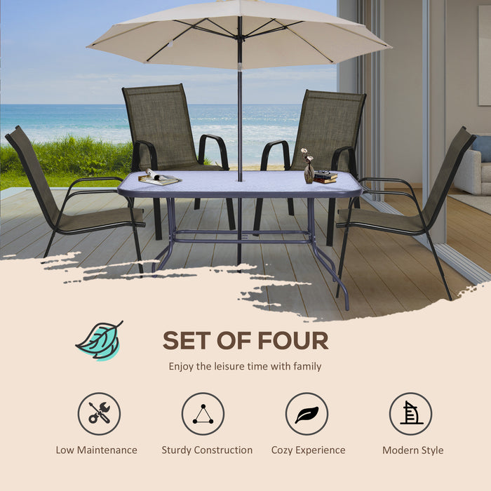 Outdoor Garden Dining Chair Set - 4 Piece Stackable High Backrest with Armrests & Breathable Mesh Fabric in Mixed Brown - Comfortable Patio Seating for Dining & Relaxation