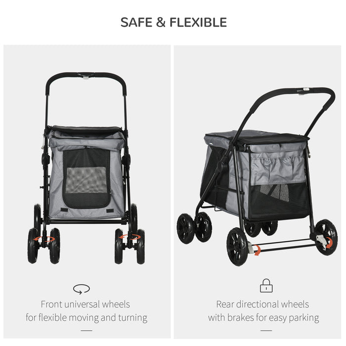 One Click Pet Stroller - Dog and Cat Pushchair with EVA Wheels and Mesh Windows - Convenient Travel Carriage for Small Pets, Grey