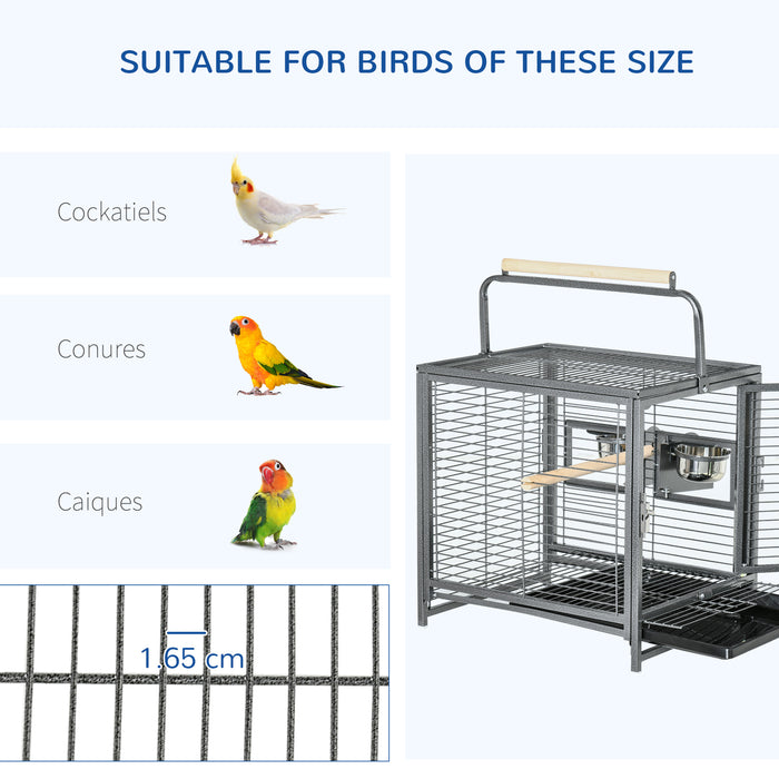 Parrot Travel & Breeding Cage with Wooden Perch - Heavy-Duty Metal Construction, Ideal for Green Cheek Canary, Parakeet, Cockatiel - Small Bird Transport and Comfort