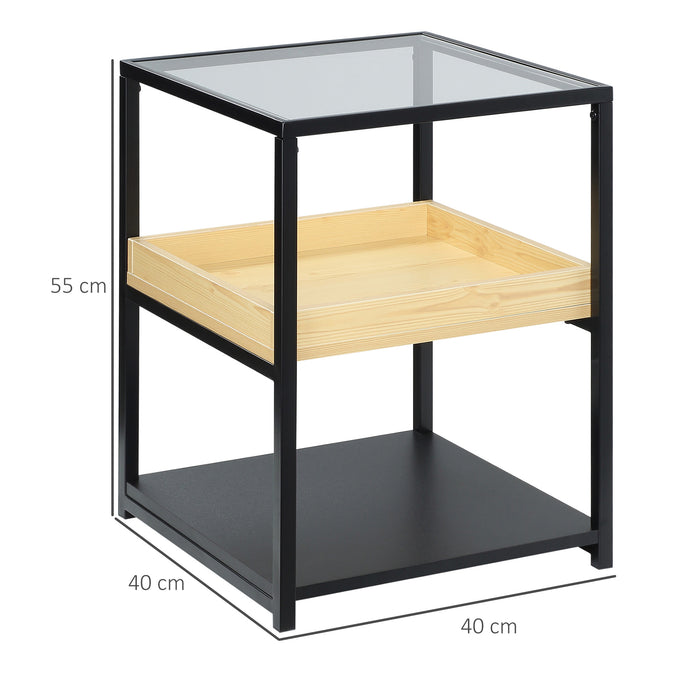 3-Tier Glass Top Side Table - End Table with Storage Shelves & Sturdy Steel Frame - Versatile Nightstand for Bedroom Organization