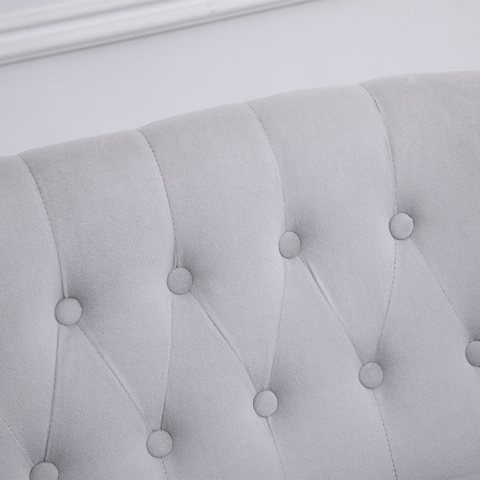 Vintage-Inspired Grey Loveseat - 2-Seat Sofa with Button Tufting and Carved Wood Legs - Elegant Couch for Compact Living Spaces