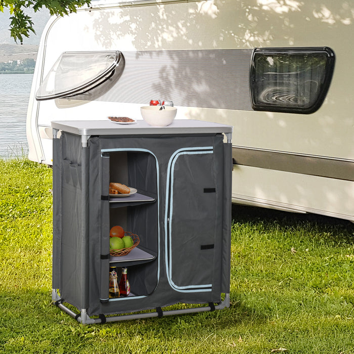 Portable Aluminum Camping Kitchen Station - 3-Shelf Cook Table with Storage Organizer for Outdoor Events - Ideal for BBQ Parties and Picnics, Includes Carrying Bag