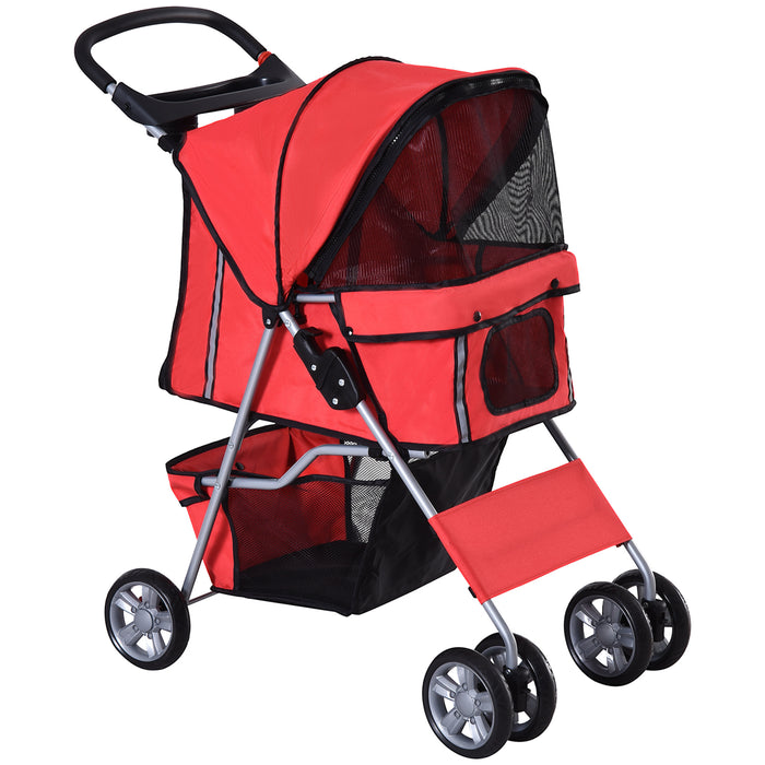 Foldable Pet Stroller for Small Dogs and Cats - Zipper Entry, Travel Carriage with Wheels, Lightweight - Ideal for Pet Transport and Mobility in Red