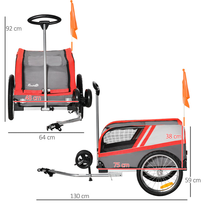 2-in-1 Dog Bike Trailer and Stroller - Reflective Cat/Puppy Travel Cart with Red Safety Flag - Versatile Pet Carrier for Outdoor Activities