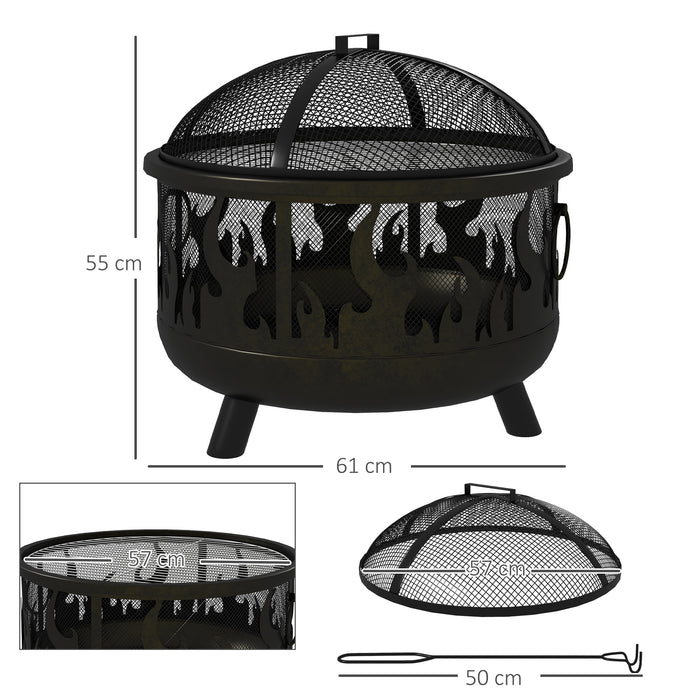 Outdoor Round Metal Firepit Bowl with Accessories - 2-in-1 Fire Pit Grill Combo with Lid, Poker & Handles - Ideal for Garden Camping, BBQs, Bonfires & Wood Burning