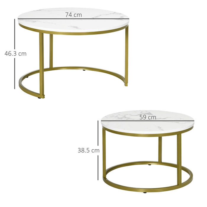 Round Nesting Coffee Table Pair with Faux Marble Top - Sturdy Metal Frame, Modern Accent Side Tables - Ideal for Living Room Elegance and Space Saving