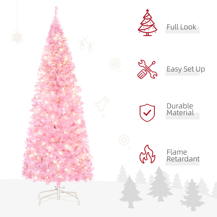 Slim Artificial Christmas Tree with Pre-Lit Warm White LEDs - 5-Foot, Realistic 408-Tip Pencil Tree for Xmas Decor - Pink, Space-Saving Holiday Centerpiece