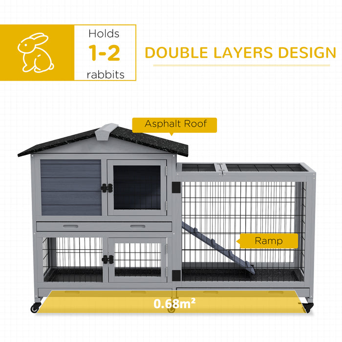 Portable Bunny Haven with Wheeled Base - Outdoor Indoor Rabbit Hutch with Play Run, Easy Clean Slide-Out Trays, and Access Ramp - Durable Grey Habitat for Pet Rabbits and Small Animals