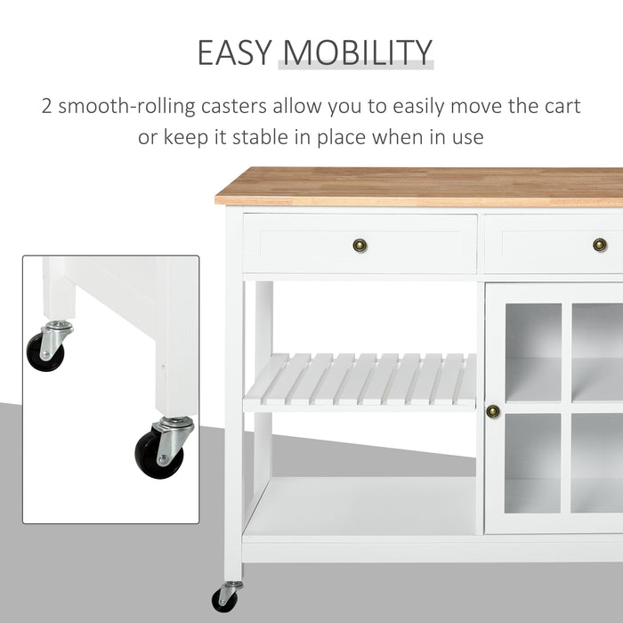 Kitchen Trolley Cart with Wheels - 2 Drawers, Cabinet, Towel Rack, and Rubber Wood Top - Moveable Storage Solution for Dining Room, White