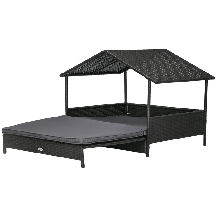Extendable Elevated Canine Lounger - Rattan Pet Abode with Water-Resistant Top, Detachable Plush Padding - Ideal for Small to Medium Dogs in Stylish Grey