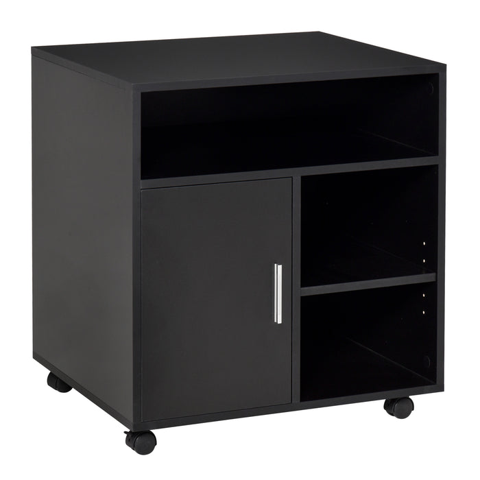 Mobile Rolling Printer Stand with Multiple Storage Shelves - Modern Office Side Desk Organizer, 60x50x65.5 cm, Black - Ideal for Workspace Organization and Mobility
