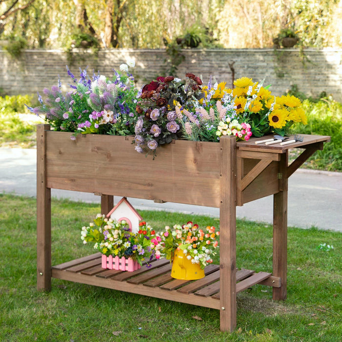 Wooden Plant Stand and Planter - Elevated Outdoor Raised Garden Bed with Lower Shelf - Ideal for Flowers and Herb Cultivation, 123x54x74 cm