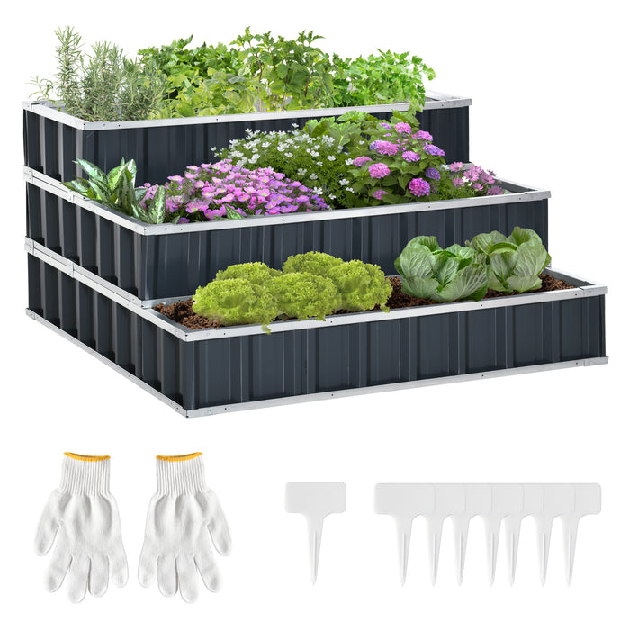 3-Tier Metal Elevated Garden Bed Kit - Raised Planter Box for Backyard and Patio Gardening - Includes Gloves for Growing Vegetables, Herbs, and Flowers