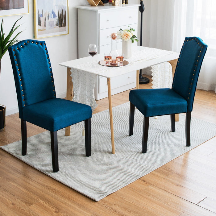 Set of 2 Upholstered Dining Chairs - Accent Linen Fabric with High Back in Blue - Ideal for Comfortable, Elegant Dining Experience