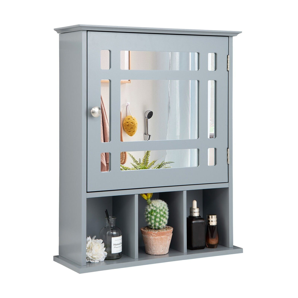 Adjustable Shelf Mirror Door Cabinet - Grey Coloured 3-Compartment Furniture Piece - Ideal for Organized Home Storage Solution
