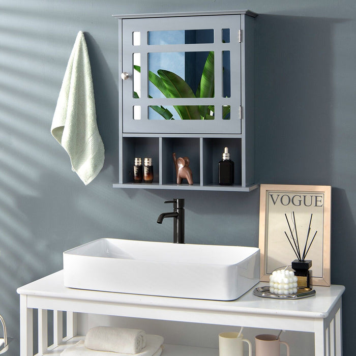 Adjustable Shelf Mirror Door Cabinet - Grey Coloured 3-Compartment Furniture Piece - Ideal for Organized Home Storage Solution