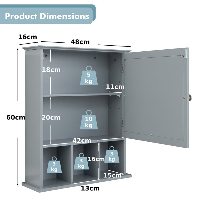 Adjustable Shelf Mirror Door Cabinet - Grey Coloured 3-Compartment Furniture Piece - Ideal for Organized Home Storage Solution