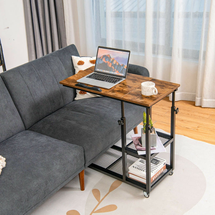 C-Shaped Side Table - Mobile Couch Accessory with Height Adjustable Storage in Coffee Finish - Perfect for Compact Living Spaces