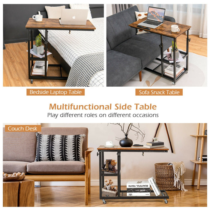C-Shaped Side Table - Mobile Couch Accessory with Height Adjustable Storage in Coffee Finish - Perfect for Compact Living Spaces