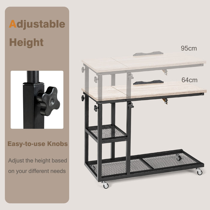 C-Shaped Side Table - Mobile Couch Accessory with Height Adjustable Storage in Coffee Finish - Perfect for Compact Living Spaces