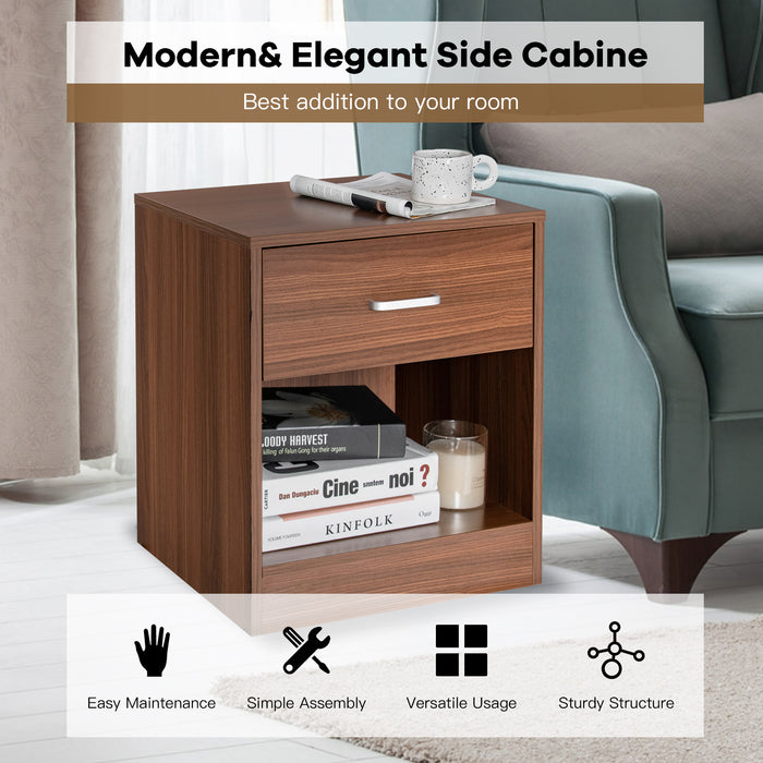 2-Tier Nightstand - Drawer and Open Component Design in Brown - Ideal Bedroom Storage Solution