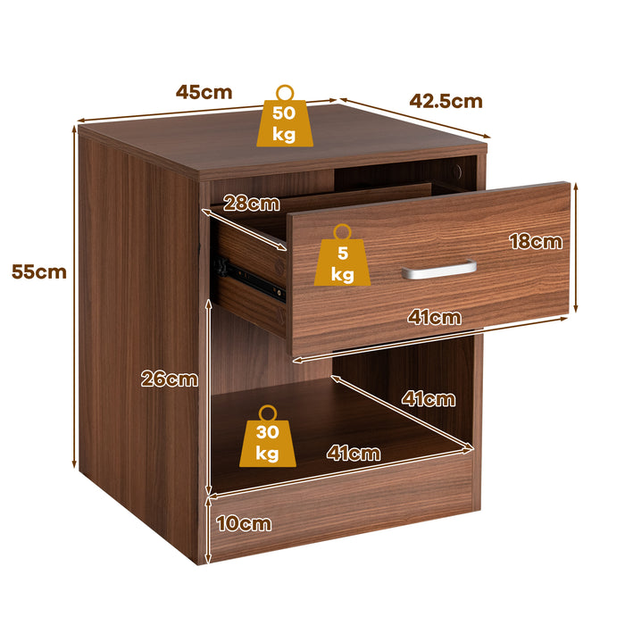2-Tier Nightstand - Drawer and Open Component Design in Brown - Ideal Bedroom Storage Solution