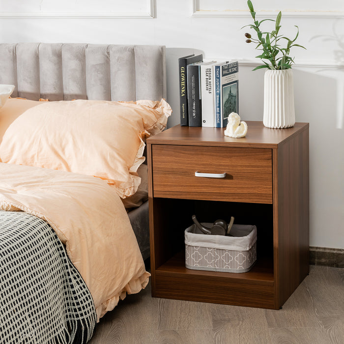 2-Tier Nightstand - Drawer and Open Component Design in Brown - Ideal Bedroom Storage Solution