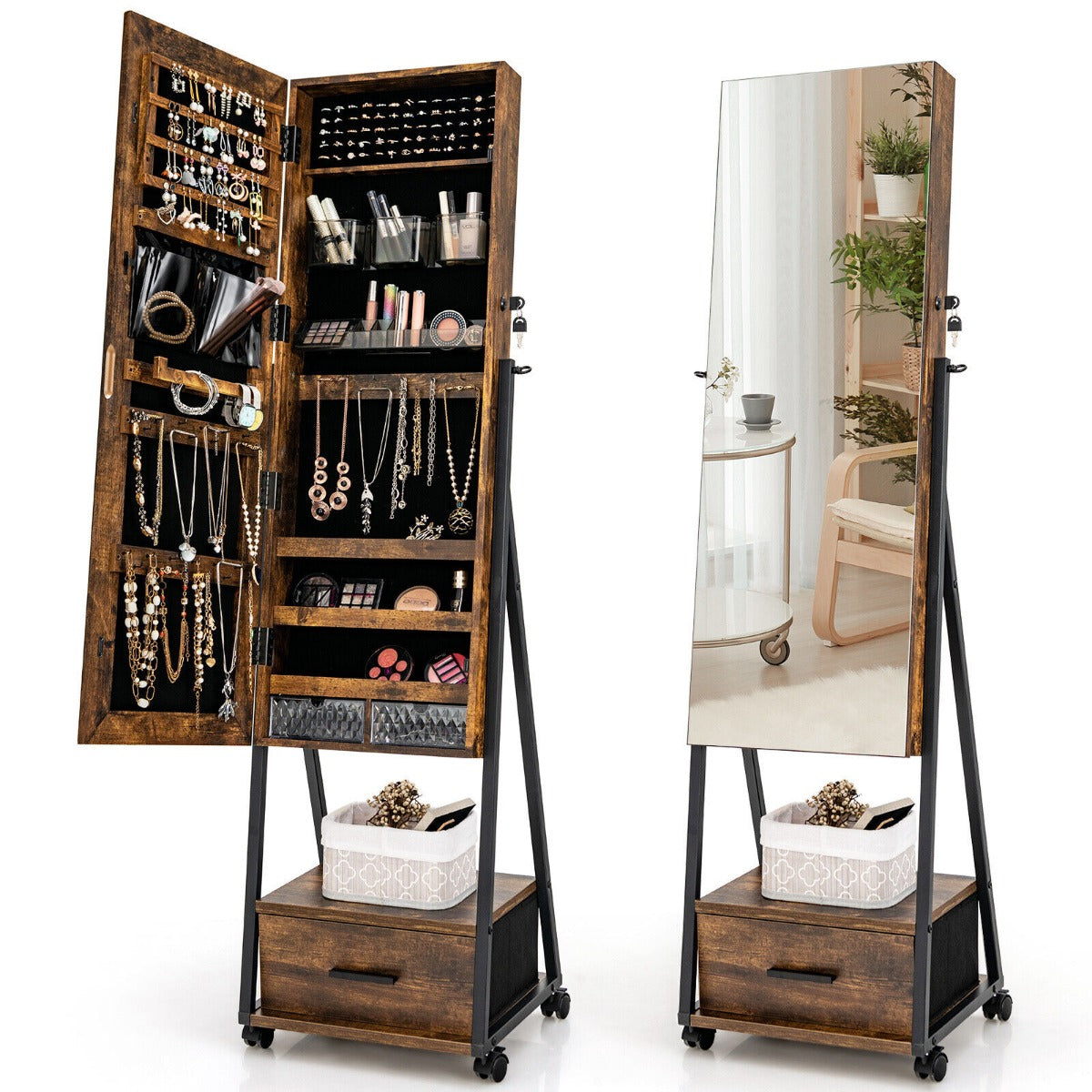 Lockable Jewelry Cabinet - Mobile Stand, Full-Length Mirror, Coffee Finish - Ideal for Securely Storing Jewelry and Accessories