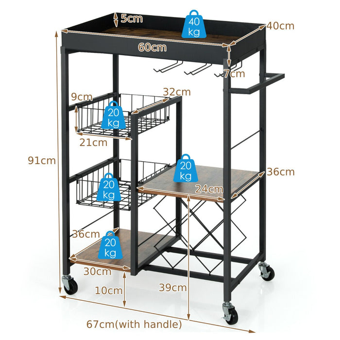 Kitchen Essential - 4-Tier Serving Trolley with Built-in Wine Rack and Glass Holder - Ideal for Entertaining and Dinner Parties