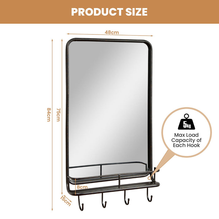 Rectangular Wall-Mount Bathroom Mirror - Integrated Storage Shelf and Hooks - Ideal for Organizing Bathroom Accessories