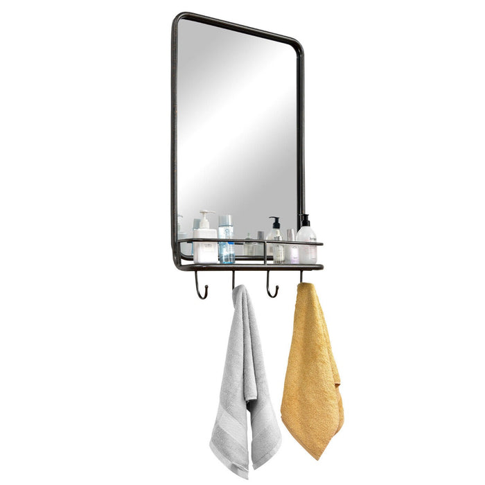 Rectangular Wall-Mount Bathroom Mirror - Integrated Storage Shelf and Hooks - Ideal for Organizing Bathroom Accessories