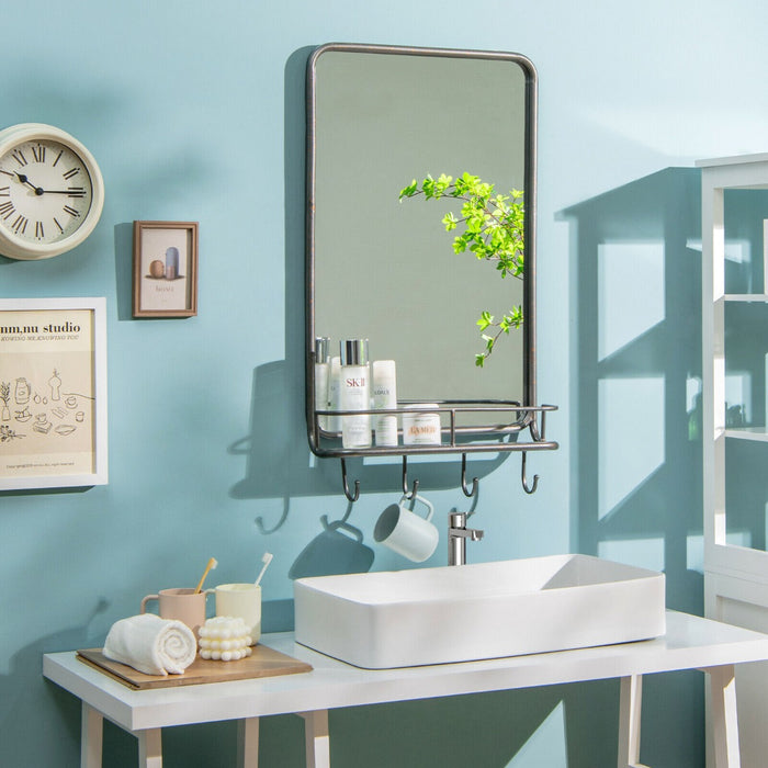 Rectangular Wall-Mount Bathroom Mirror - Integrated Storage Shelf and Hooks - Ideal for Organizing Bathroom Accessories