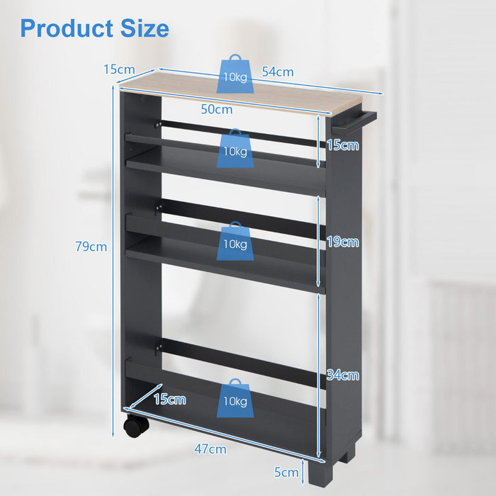 Slim Rolling Trolley, 4-Tier, White - Storage Unit with Handle and Adjustable Shelf - Ideal for Space Optimization in Small Areas