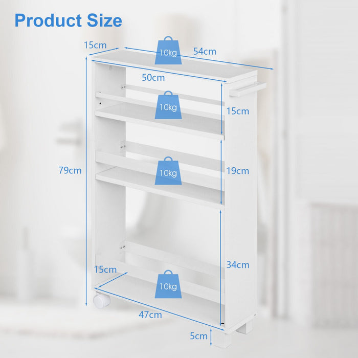 Slim Rolling Trolley, 4-Tier, White - Storage Unit with Handle and Adjustable Shelf - Ideal for Space Optimization in Small Areas