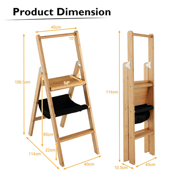 Bamboo Portable - Folding Step Stool with Wide Pedal - Ideal for Kids and Adults Needing Extra Height