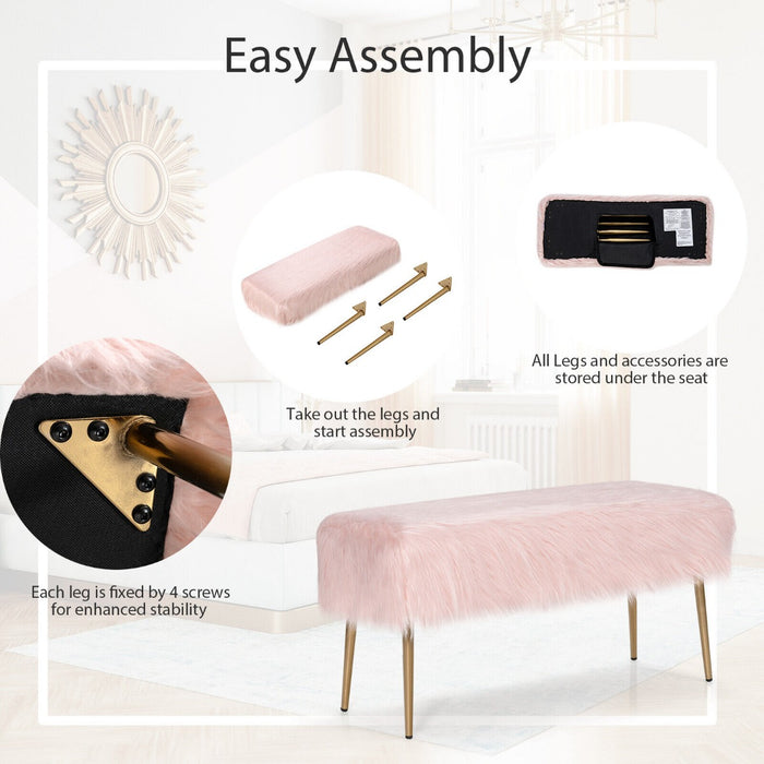 Upholstered Furry Faux Fur Footrest - Rectangular Design with Golden Metal Legs, Pink Color - Perfect for Stylish Comfort and Home Decoration