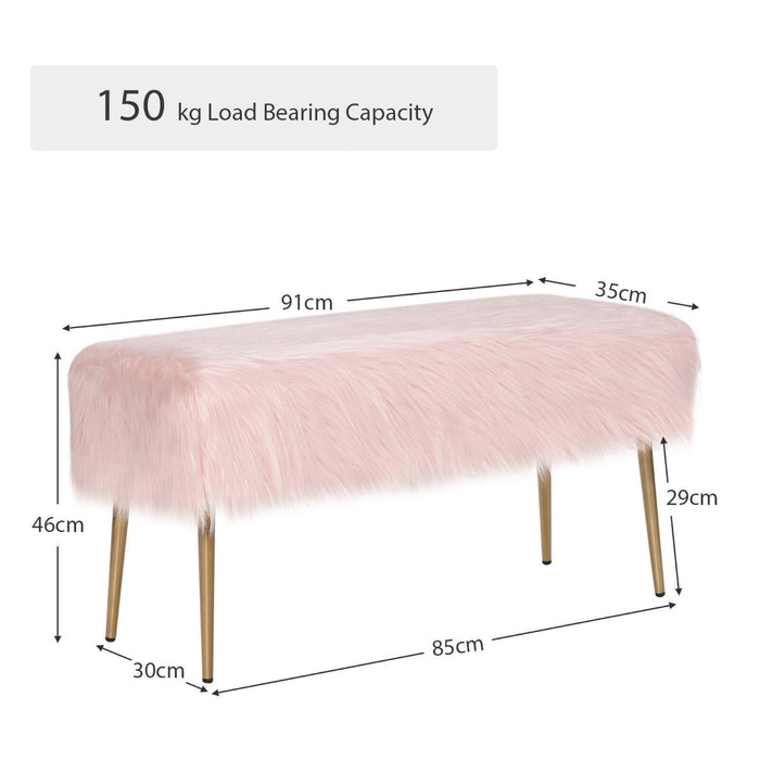 Upholstered Furry Faux Fur Footrest - Rectangular Design with Golden Metal Legs, Pink Color - Perfect for Stylish Comfort and Home Decoration