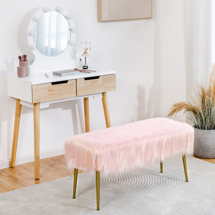 Upholstered Furry Faux Fur Footrest - Rectangular Design with Golden Metal Legs, Pink Color - Perfect for Stylish Comfort and Home Decoration