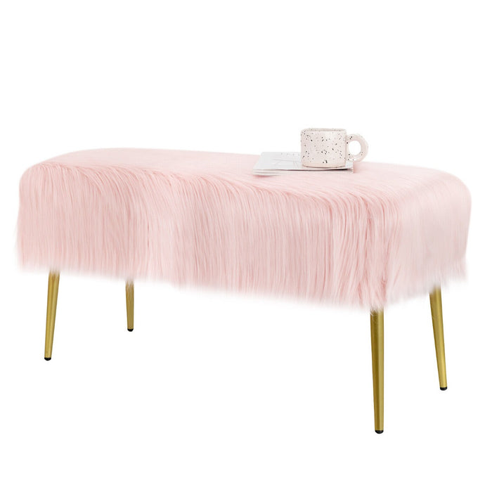 Upholstered Furry Faux Fur Footrest - Rectangular Design with Golden Metal Legs, Pink Color - Perfect for Stylish Comfort and Home Decoration