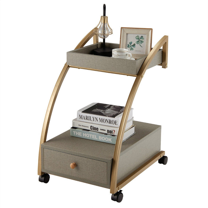 2-Tier Rolling End Table and Storage Trolley - Bedside Rack with Drawer, Grey Finish - Ideal for Organizing Personal Items and Space Saving