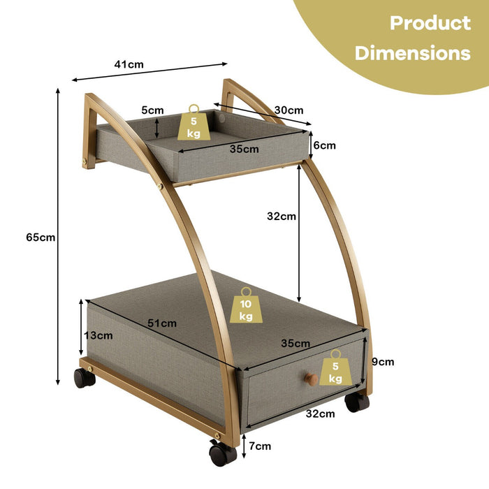 2-Tier Rolling End Table and Storage Trolley - Bedside Rack with Drawer, Grey Finish - Ideal for Organizing Personal Items and Space Saving