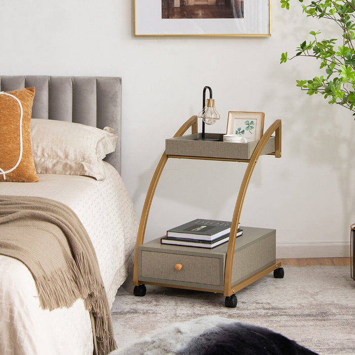 2-Tier Rolling End Table and Storage Trolley - Bedside Rack with Drawer, Grey Finish - Ideal for Organizing Personal Items and Space Saving