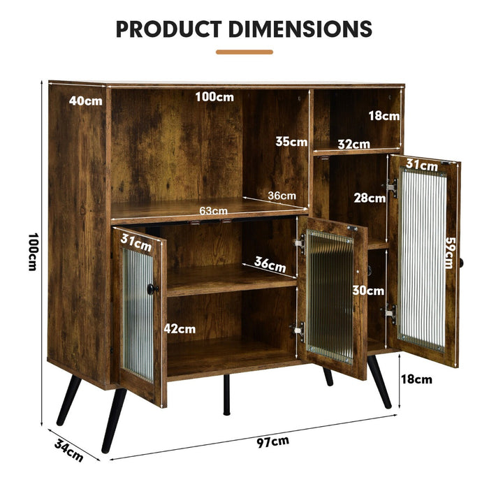 Industrial Wooden Cabinet - Kitchen Storage Unit with Tempered Glass Doors in Brown - Ideal for Home Organization Solutions