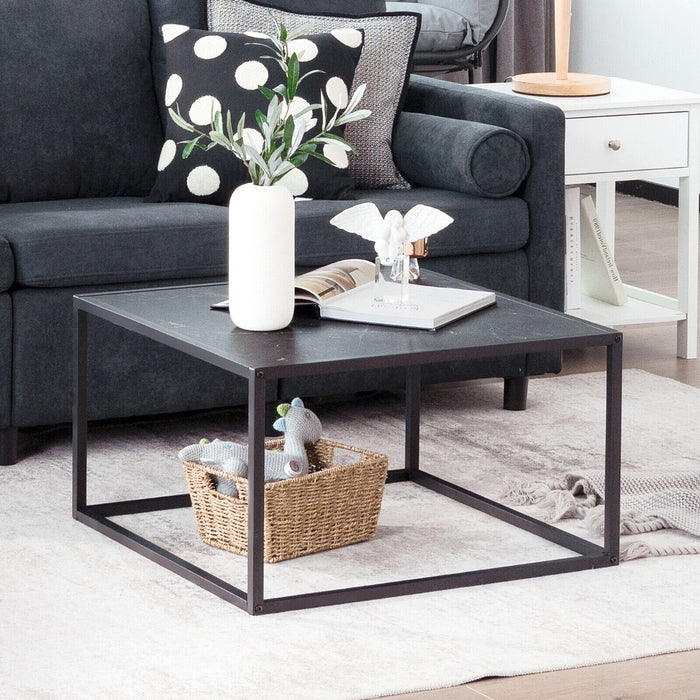 Square Leisure - Contemporary Coffee Table with Faux Marble Tabletop in Sleek Black - Ideal for Lounging and Entertaining Guests