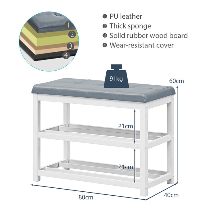 Three-Layer Shoe Storage Bench - White with Comfy Cushioned Seat - Ideal Solution for Keeping Hallway Organized and Clutter-Free