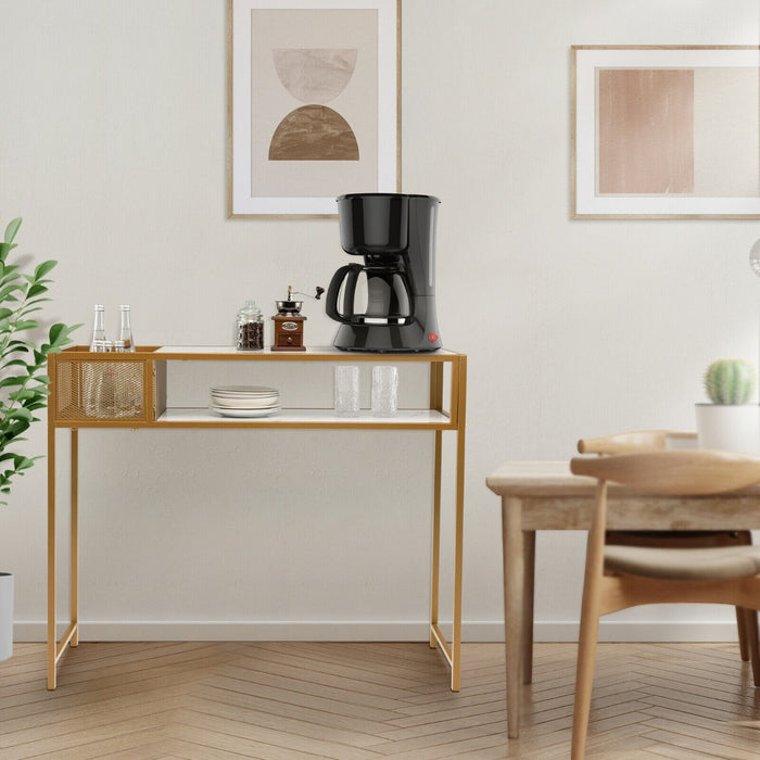 Faux Marble 2-Tier Console Table - Narrow Design with Mesh Storage Shelf, White Finish - Ideal for Small Spaces Needing Extra Storage