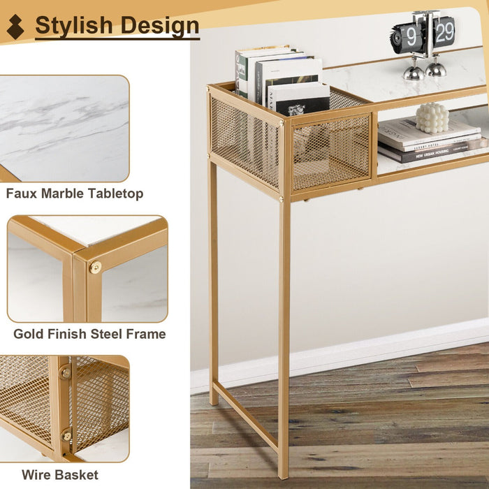 Faux Marble 2-Tier Console Table - Narrow Design with Mesh Storage Shelf, White Finish - Ideal for Small Spaces Needing Extra Storage